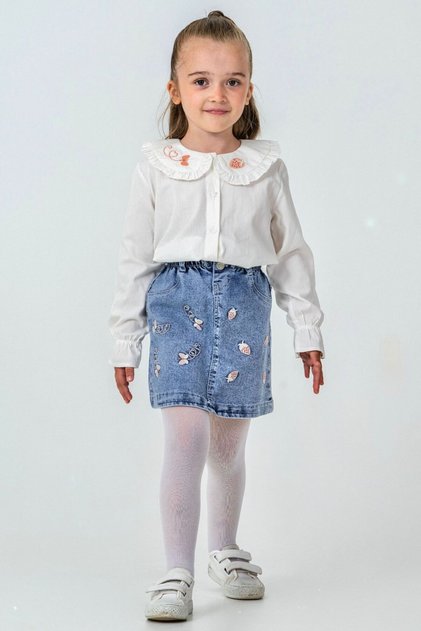 6-9 Years Old Girl's 3-Piece Set – Collared Shirt, Embroidered Denim Skirt, and Pantyhose