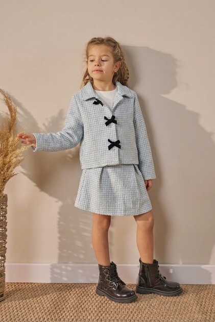 Girl's Tweed Jacket with Skirt 3-Piece Set Blue