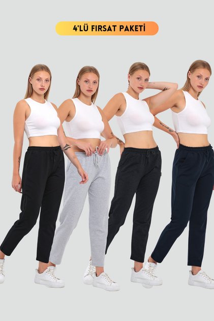 Kadın Siyah-Gri-Lacivert-Antrasit Regular Fit Düz Paça Beli Lastikli Bağcıklı 4'Lü Eşofman Altı