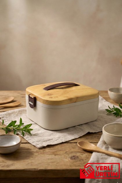 Lunchee - Çelik Bölmeli Sızdırmaz Bambu Görünümlü Vakum Kapaklı Yemek Kabı Lunchbox 650 ml