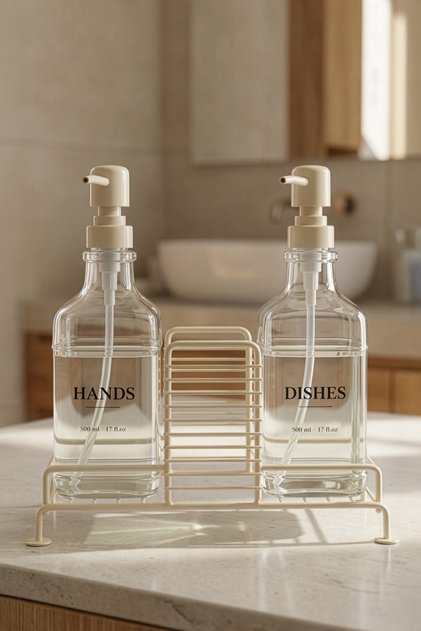 2-Piece Glass Liquid Soap and Lotion Bottle Soap Dispenser with Metal Stand 500 ml Cream – B/1 C1-1-289