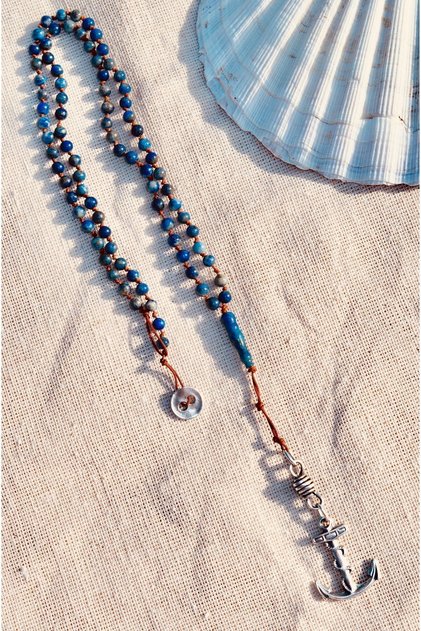 Lapis lazuli necklace, anchor necklace, marine-themed jewelry, wisdom stone, mental clarity, protective jewelry.
