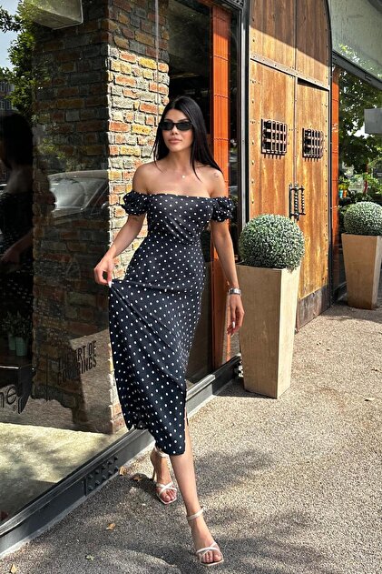 Angel Mia Black Viscose Dress - Balloon Sleeve and Slit Detail- Trendyol