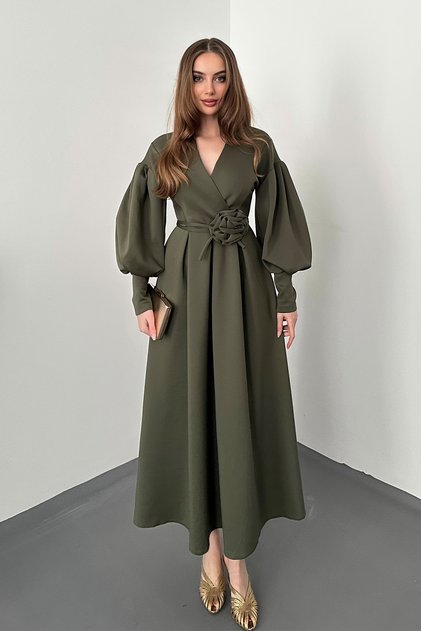 Khaki Rose Detailed Scuba Dress