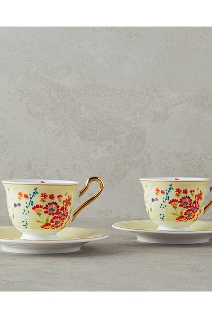 Miranda New Bone China Coffee Cup Set 4 Pieces for 2 People Light Yellow