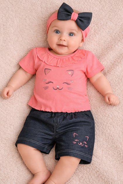 3-Piece Baby Girl Set with Shorts and T-Shirt with Bandana | Short Sleeved Summer Baby Set 3-6-9-12 months