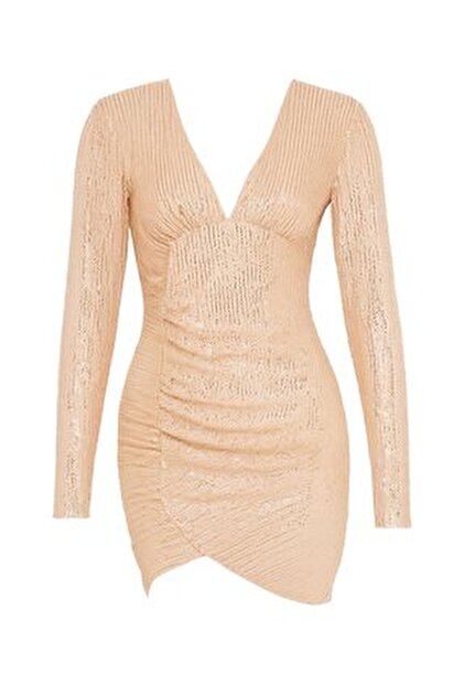 HOX'S Adriana Mini Sequined Evening Dress - Double Breasted Collar, Long Sleeve, Draped Basen Beige- Trendyol HOX'S Adriana Mini Sequined Evening Dress - Double Breasted Collar, Long Sleeve, Draped Basen Beige- Trendyol