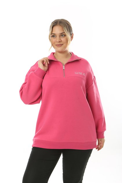 Women's Plus Size 3-Thread Fleece Inside Zippered High Collar Slogan Ba Printed Weatshirt Fuchsia
