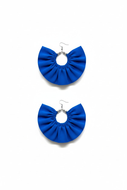 Silver Color Hoop Earrings β Cobalt Blue Fabric Beaded Design