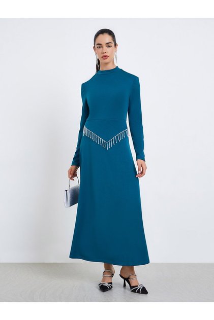 Women Teal Diamond Tassels Midi Dress