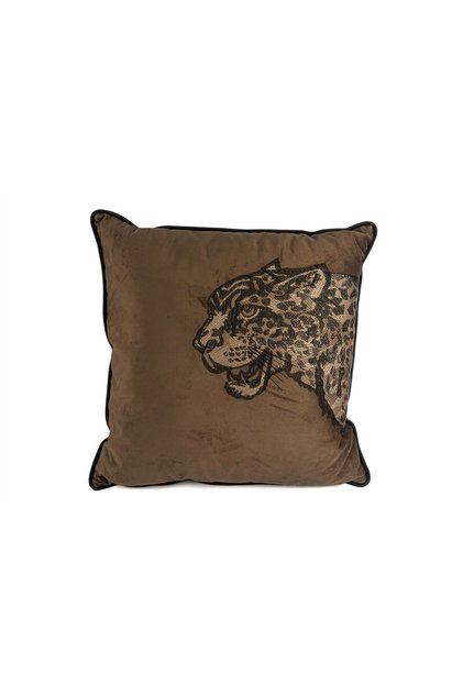 Leopard Head Embroidered Brown Pillow 55X55Cm