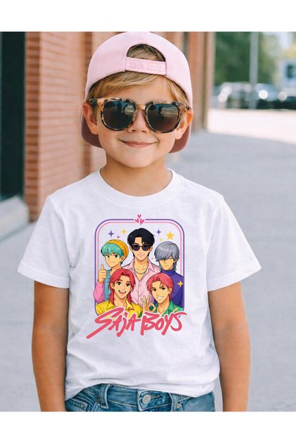 Saja Boys Kpop Designed Premium Print Cotton Black and White Children's T-Shirt