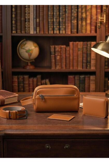 Men's Tan Bag Belt Wallet Card Holder 4-Piece Stylish Gift Set