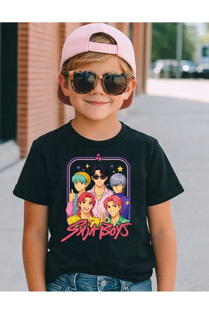 Saja Boys Kpop Designed Premium Print Cotton Black and White Children's T-Shirt