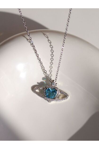 Blue Silver Color - Vivienne Saturn Necklace with White Zircon Stone
