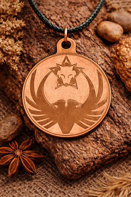 Pure Copper Double-Headed Seljuk Eagle and Wolf Figured Gocturk Themed Medallion Necklace