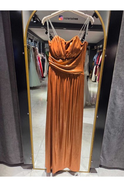 Metalik Bakır Rengi Straplez Abiye