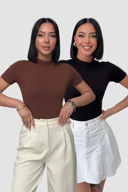 Fisherman Short Sleeve Cotton Bodysuit Black Bitter Brown Half Fisherman Bodysuit High Neck T-Shirt T-Shirt