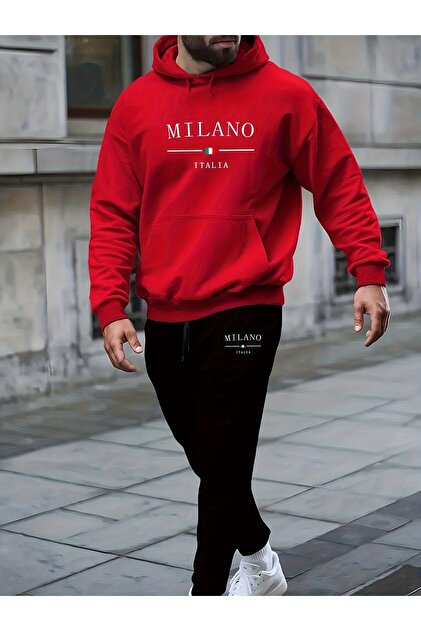 Men's Milano Italy Printed Relaxed Fit Hooded Pocketed Top Jogger Elastic Hem Bottom Tracksuit Set