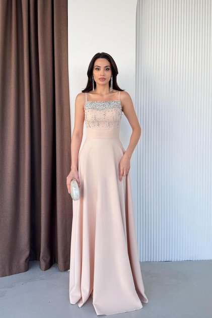 Beige Strap Stone Embroidered Long Evening Dress