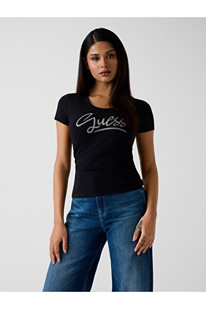 Guess Kısa Kollu Bisiklet Yaka Yazılı Kadın Siyah T-shirt