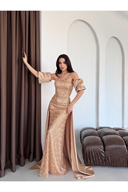 Serica Moda Gold Strapless Balloon Sleeve Sequined Cape Evening Dress-  Trendyol