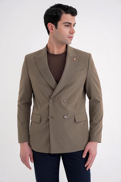 Comfort Fit Pointed Collar Cotton Gofre Fabric Double Breasted Tobacco Jacket C 719