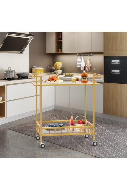 OneDcor Glass Serving Trolley with Wheels – 2-Tier Kitchen Utility Cart, Tea & Drinks Serving Rack