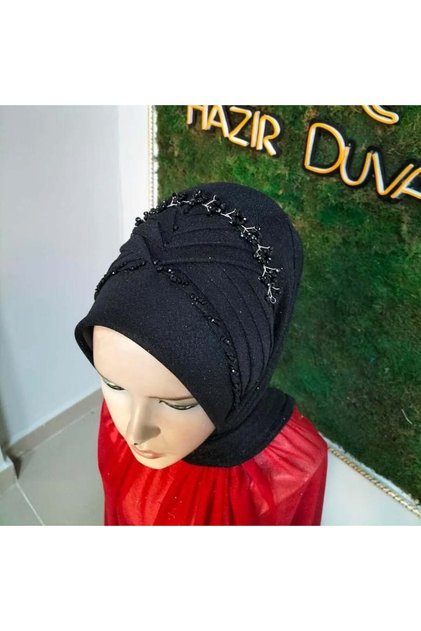 Black Glitter Embellished Detailed Accessory Model Ready-Made Turban Ready-Made Shawl Evening Dress Shawl Veil
