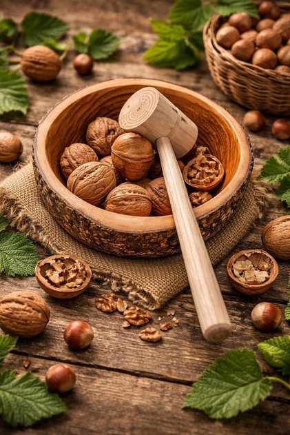 Wooden Hazelnut and Walnut Cracker Bowl Set with Mallet