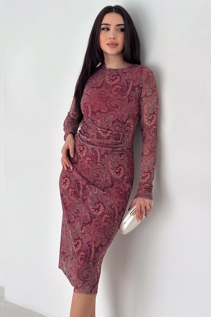 Kadın Paisley Desenli Midi Elbise – Burgundy Veil