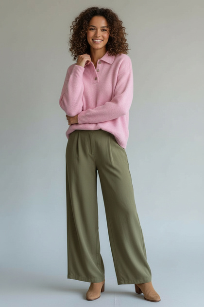 Pembe Düğmeli Polo Yaka Triko Kazak