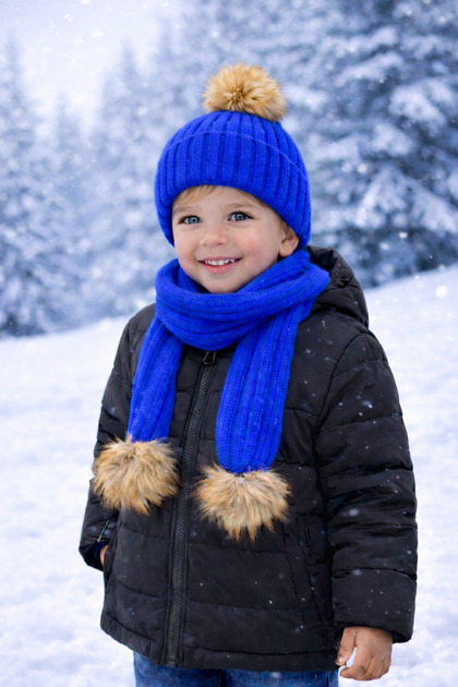 Cobalt Natural Single Pompon Knitwear Scarf Beanie Set