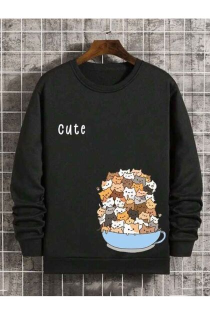 Cute Printed Beer Bowl Cat Unisex Winter Children's Sweatshirt Black