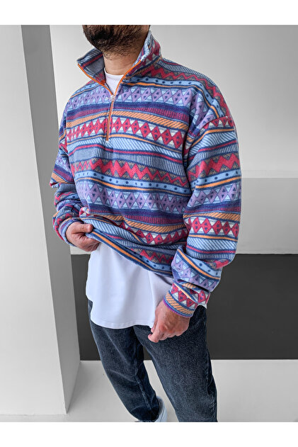 Ethnic Patterned Half Zipper Oversized Fleece Sweatshirt
