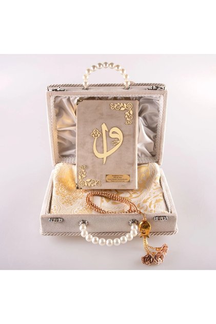 Beaded Box Dowry Set, Prayer Rug + Prayer Beads + Quran Gift Set (Bag Size, Mink)