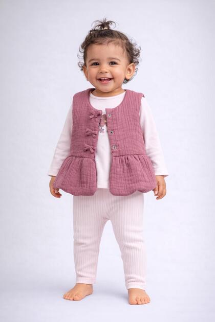 Baby Girl Muslin Vest Set Piece Set with Badili – Transitional Bow Detailed Bottom and Top Set 0-3-6-9-12 Months