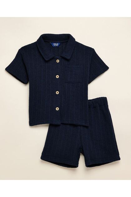 Boy's Navy Blue Textured Shirt And Shorts Set
