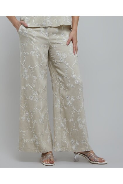Embroidered Wide Leg With Button Closure