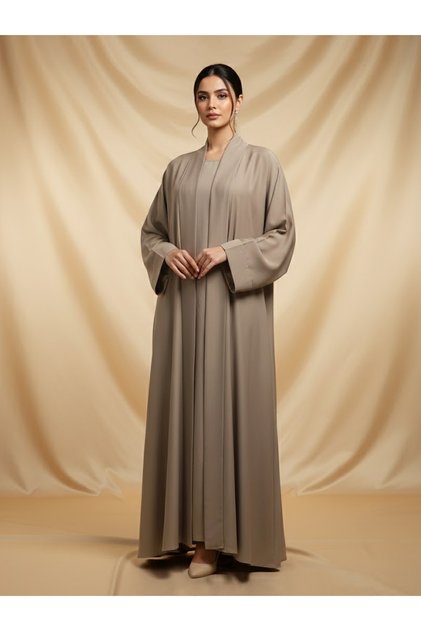 Elegant nida fabric 2 Piece Khaki Abaya Set Flowy Open Muslim Arabic Long Abaya Inner with mathing sheila