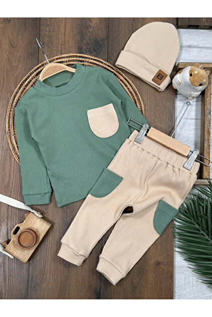 Ribbed Knit Flexible Beret 3-Piece Baby Boy Set with Pocket Detail
