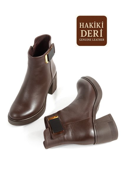 Dark Brown Color Genuine Leather Thick Heeled Casual Women's Boots Sun44
