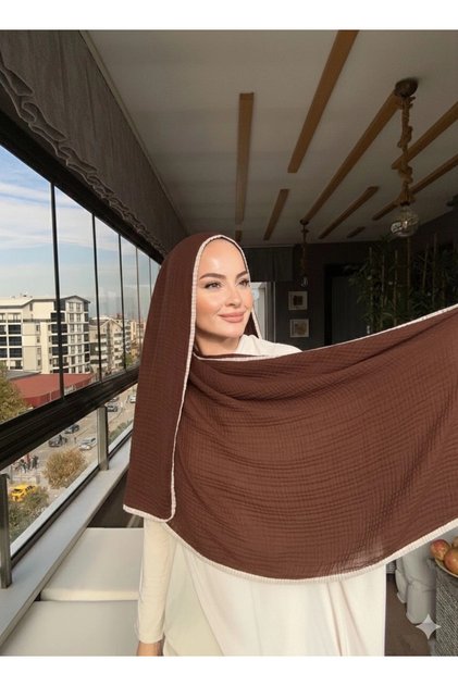 Müslin Şal - Biyeli Müslin Şal Bej-Kahve