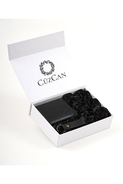 Premium Gift Rose Box - M.Utd Black Genuine Leather Wallet - Card Holder - Keychain and Black Rose Box