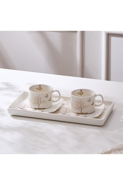 Set 2 cești cu 2 farfurioare și platou din porțelan, 180 ml - LIFETREE collection