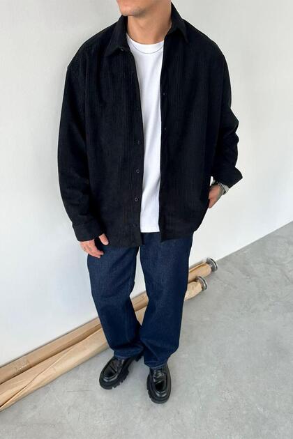 Black Basic Corded Fabric Velvet Shirt