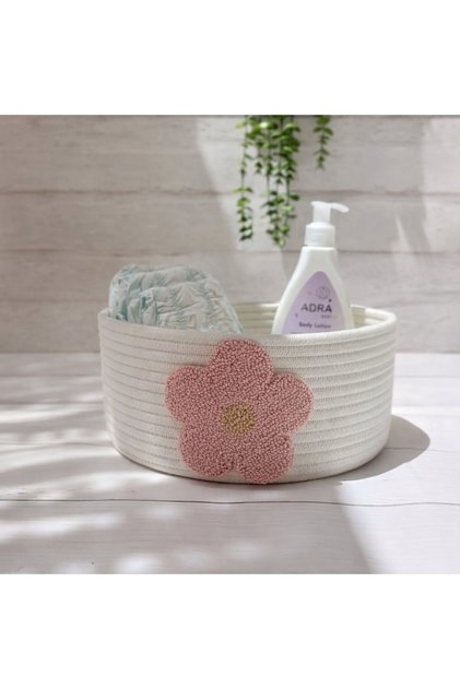 Floral Patterned Knitted Fabric Basket – 22 cm Bottom Base / 16 cm Height – Baby Room Organization Basket