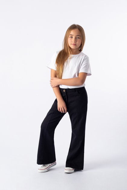 Girl's Stretch Fabric Flared Pants, Gabardine Elastic Waist W Wide Leg Pants 7-14 Years Old