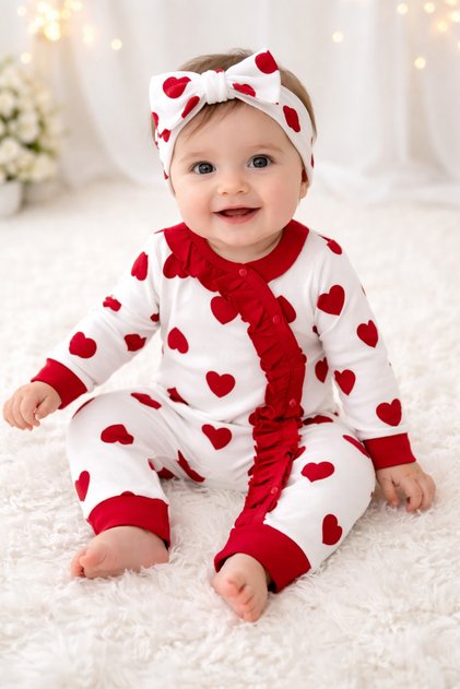 Heart Patterned Ruffle Detailed Baby Girl Romper & Bandana Set
