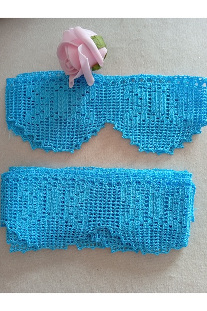 Turquoise Colored Lace Hand-Knitted Bed Sheet and Pillow Border (145cm/52 cm)
